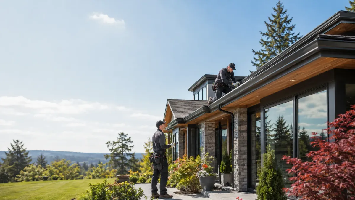 Professional gutter repair service on a high-end Redmond home with technicians adjusting seamless gutters and downspouts.