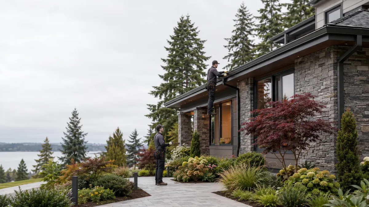 Luxury Redmond home with professional installers completing seamless aluminum gutter installation with clean fascia integration and evergreen landscaping.