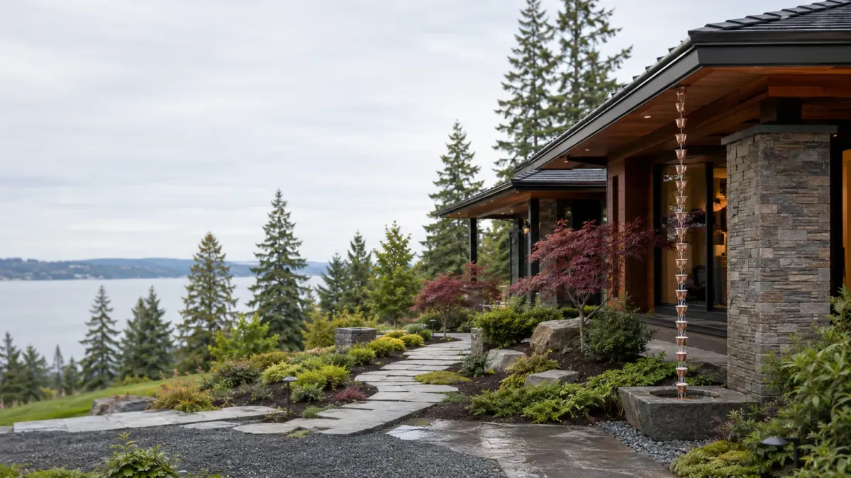 Copper rain chain draining into a stone basin beside a luxury Redmond home with professional landscape drainage and Japanese maple landscaping.