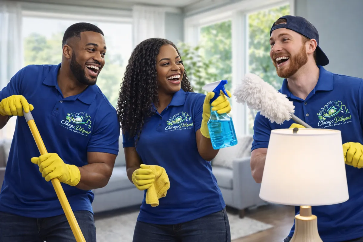a woman in a green shirt and black gloves vacuuming a gray ottoman