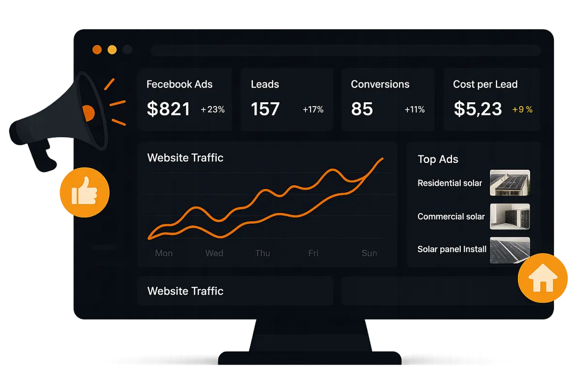 olar marketing dashboard showing Facebook ad spend, leads, conversions, cost per lead, and top-performing solar ad campaigns for residential and commercial installs