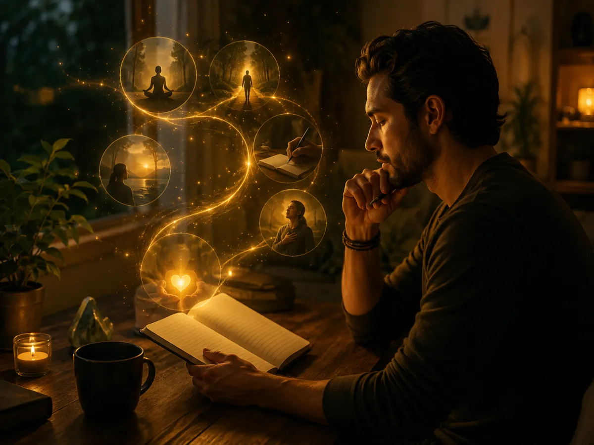 Persona en reflexión guiada, escribiendo activamente