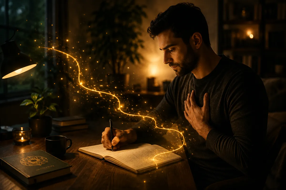 Hombre en estado de introspección tranquila desde casa