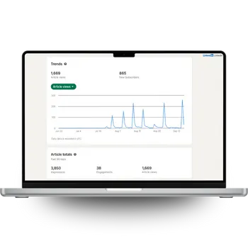 Laptop screenshot of LinkedIn newsletter analytics with opens, clicks, and subscriber metrics