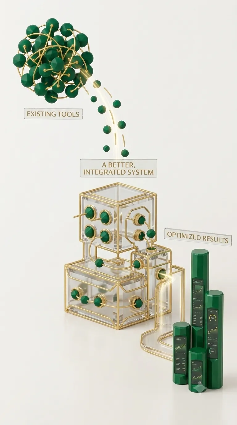 Abstract visualization of interconnected systems nodes vs disconnected silos