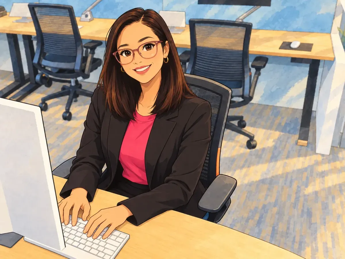 Illustration of a smiling virtual assistant at her desk, ready for your free consultation