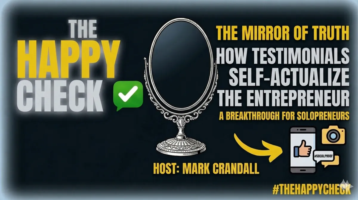 The Happy Check-List PDF cover showing the 3-Question Framework for capturing marketing gold.