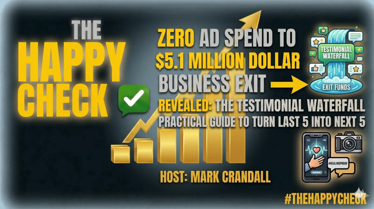 Mark Crandall explaining the Happy Check Testimonial Waterfall framework for business growth.