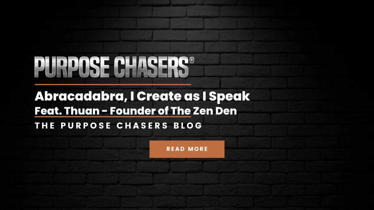 Thuan interviewing on the purpose chasers podcast on the Zen Den wellness studio, smiling, soft natural light, holistic healing space