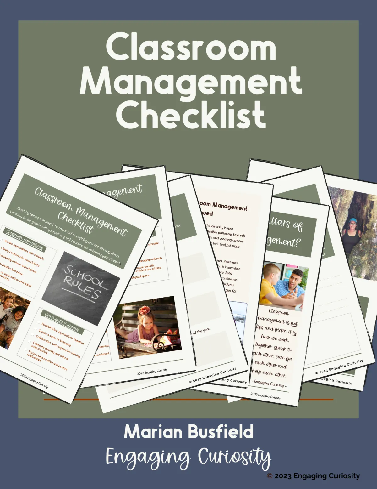 Icon for a classroom management checklist green background, blue trim and iimages of the pages on the front.