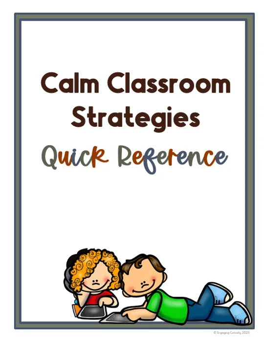 Icon for Calm classroom strategies quick reference , white background, green border, graphic of two children lying on the carpetdoing math centers.