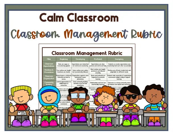 Icon for cla classroom classroom management self-assessment rubrick title along the topic, image of the rubric, graphis of children in desks along the bottom of the icon.