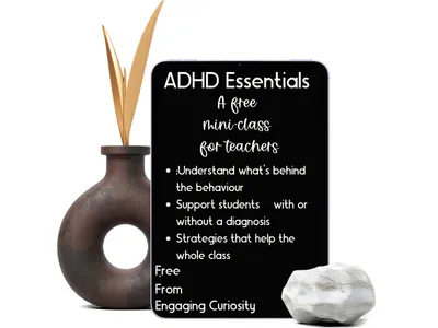 Ipad n a woman's hand with text that reads, 'Teacher's ssential intro to ADHD. Watchi this 40 minute video to receive essential information: