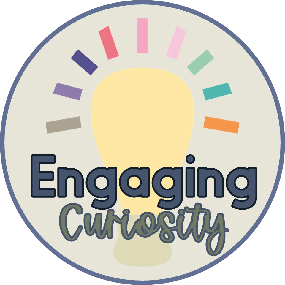 White Circle, lightbulb with rays surrounding itand text, Engaging Curiosity