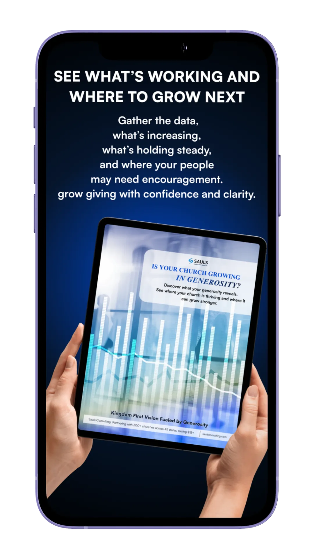 Hands holding the FAST (Financial Analysis System Tracking) Church Generosity Playbook by Sauls Consulting, showing growth charts and stewardship insights that help churches track giving health and grow generosity with confidence and clarity.