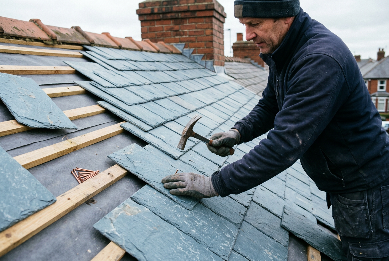 Flat slate and tiled roofing in Lancashire on residential properties
