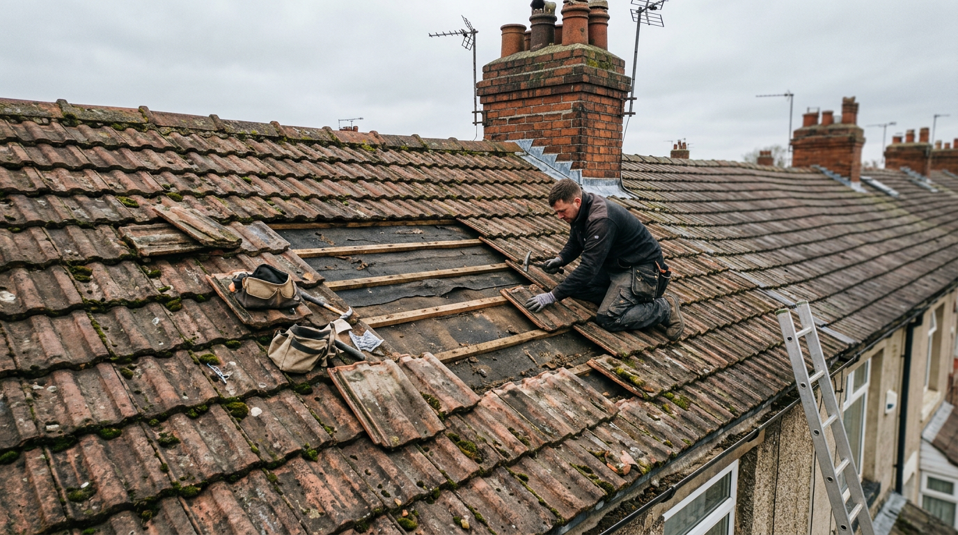 Roof repair work on residential property in Lancashire