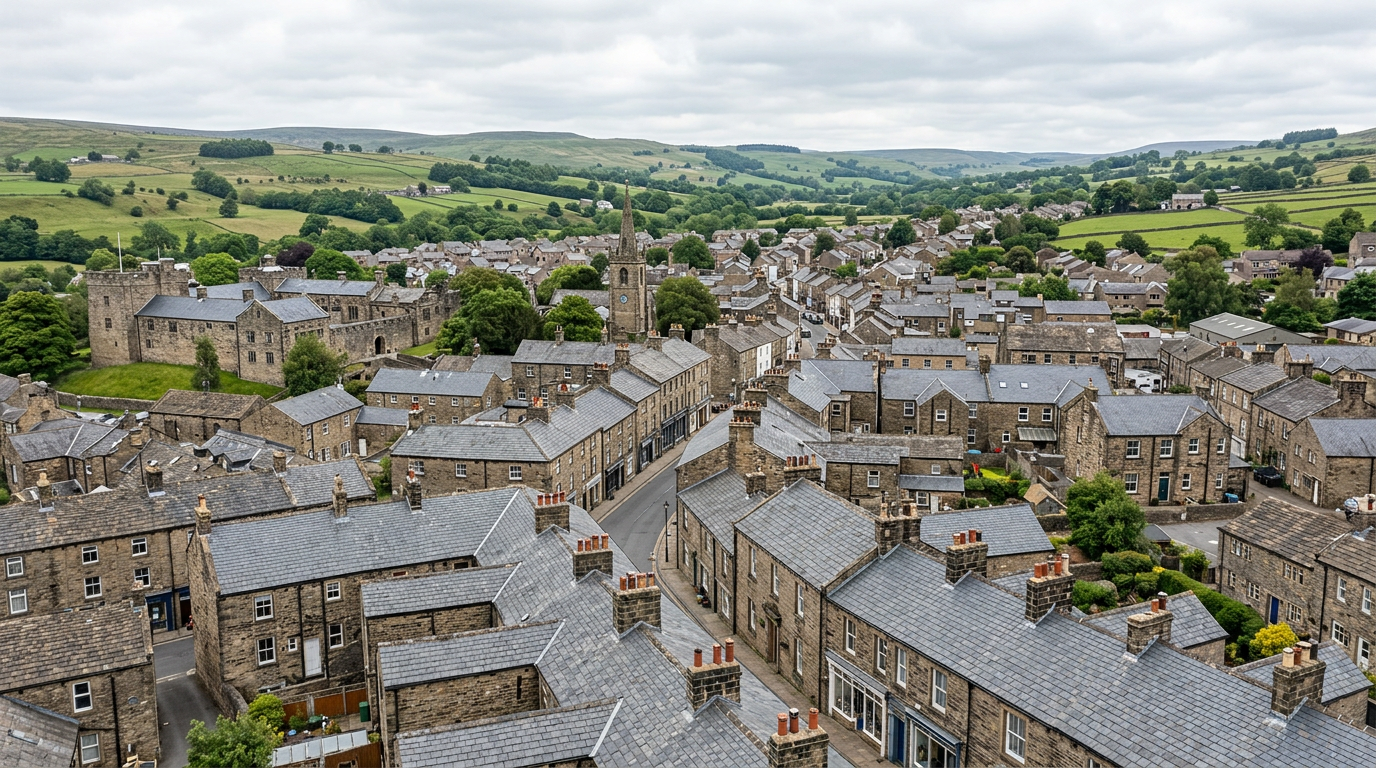 Well-maintained slate rooftops in Skipton showing durable roofing on traditional stone buildings