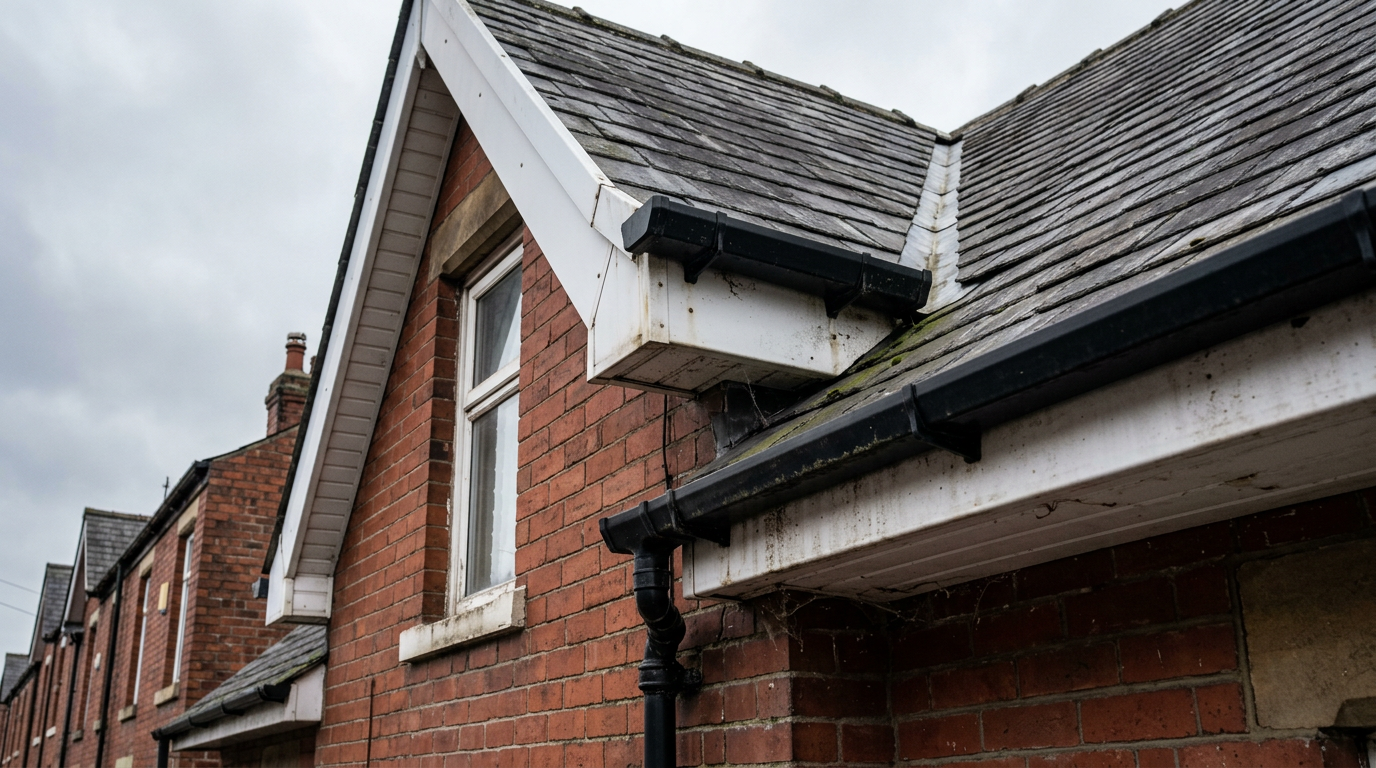House roofline in Burnley showing guttering fascias and soffits with visible ageing and replacement considerations