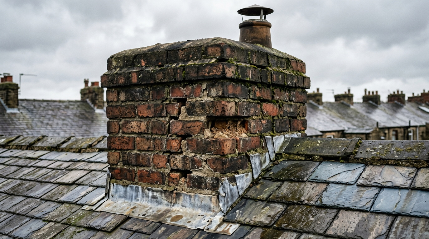 Weathered chimney stack on a Nelson rooftop showing early signs of repair needs with surrounding slate roofing visible