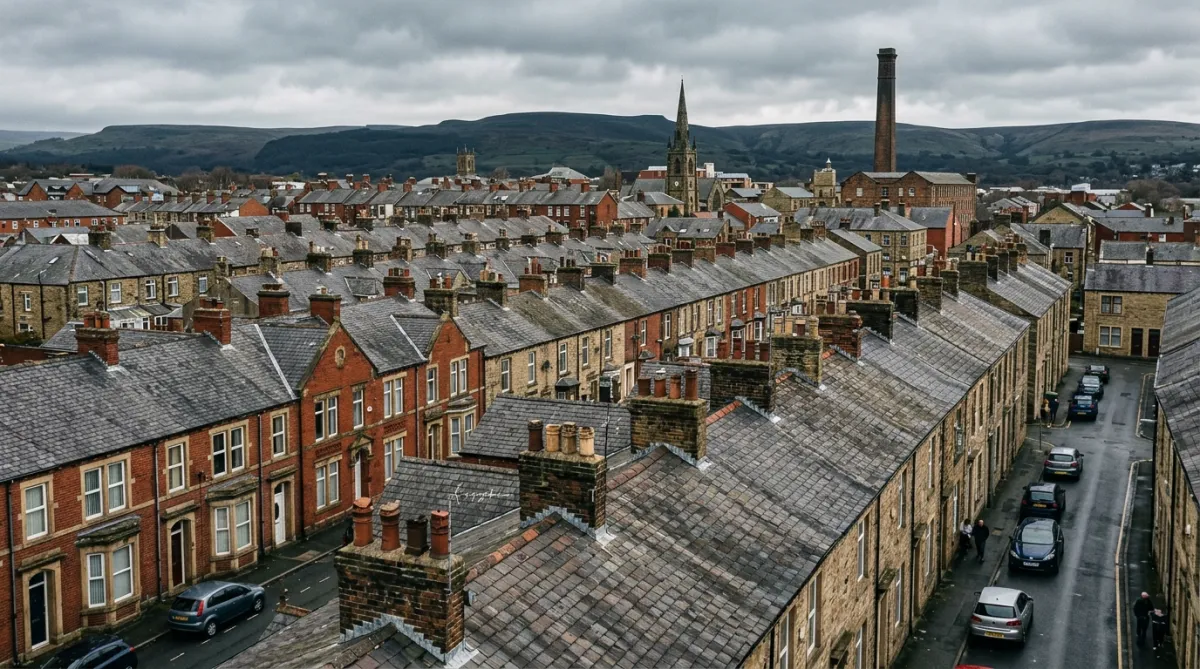 Roofing services in Accrington with terraced homes and rooftops in Lancashire