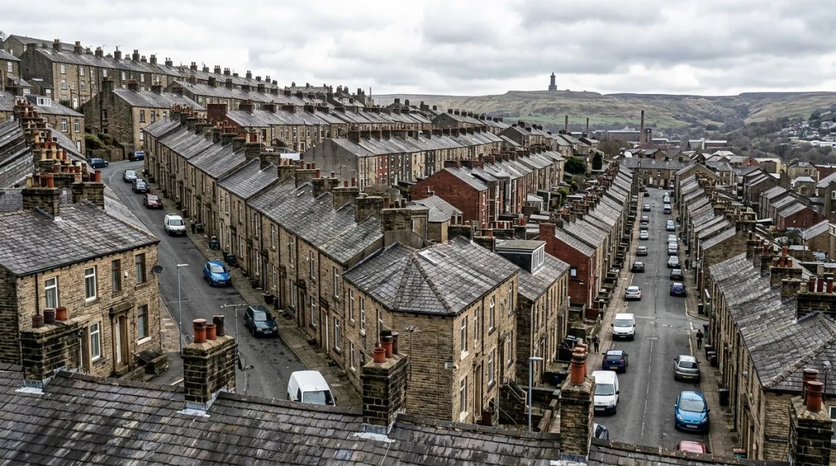 Roofing services in Darwen with Lancashire terraced rooftops and chimney pots