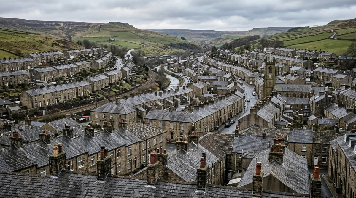 Roofing services in Rossendale with stone terraces, slate rooftops and Lancashire hillside surroundings