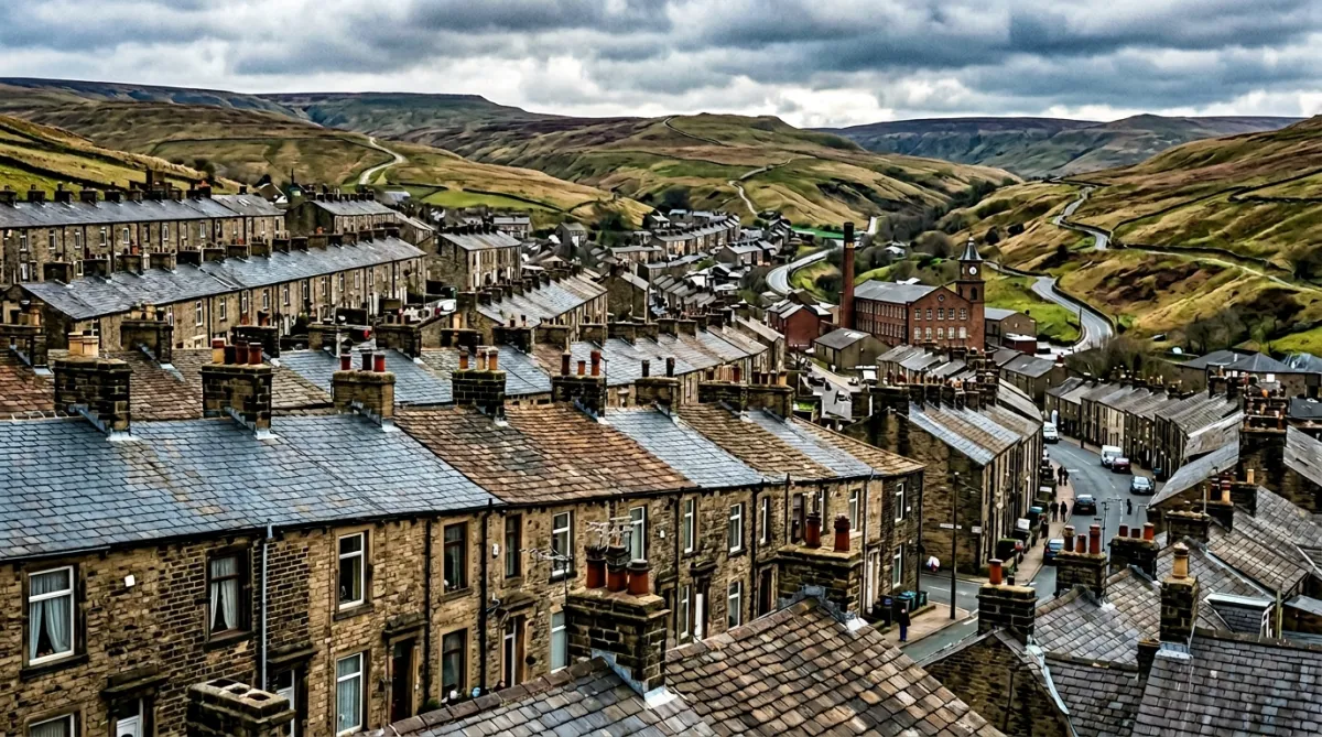 Roofing services in Bacup with stone terraces, slate rooftops and Pennine hillside surroundings