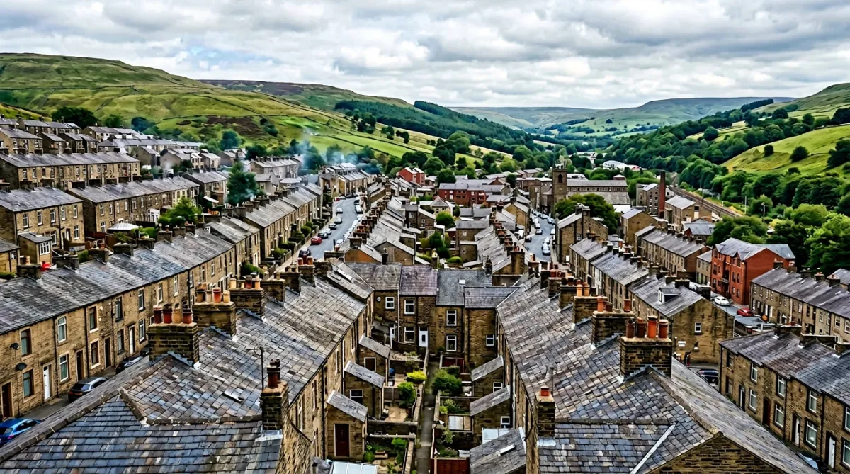 Roofing services in Rawtenstall with stone terraces, slate rooftops and valley hillside surroundings