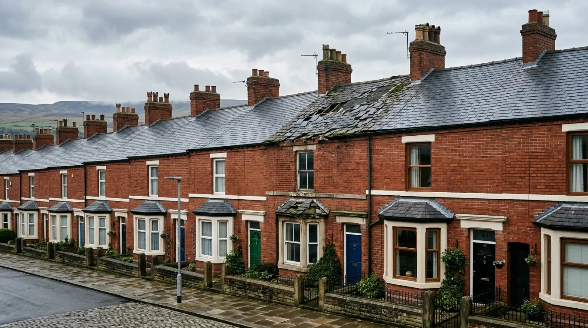 Victorian Burnley terraced houses showing aged slate roofs with signs of nail sickness