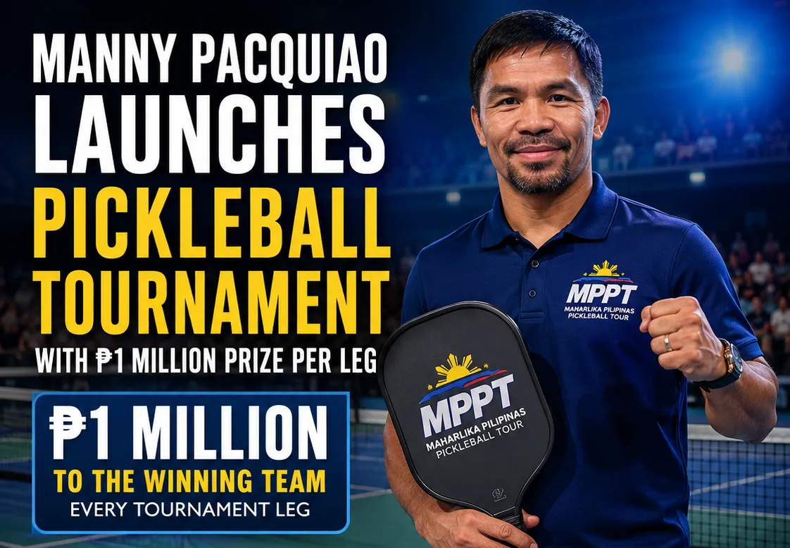 Manny Pacquiao holding a pickleball paddle during the launch of the Maharlika Pilipinas Pickleball Tour (MPPT), announcing a ₱1 million prize for each tournament leg.
