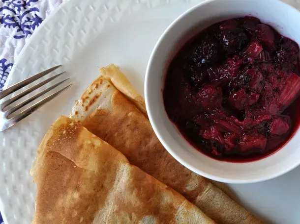 Protein Crepes + Rhubarb Sauce