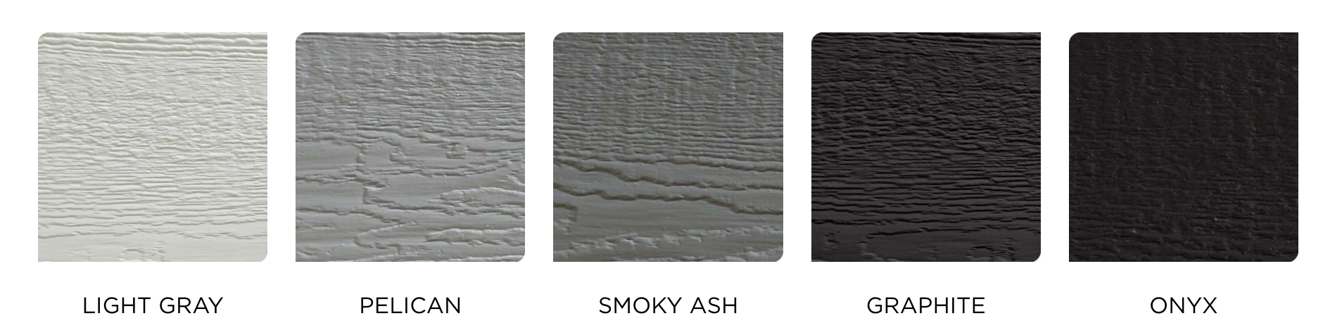 Color swatches of siding materials including Light Gray, Pelican, Smoky Ash, Graphite, and Onyx, showcasing popular options for home exterior enhancements in Central Iowa.