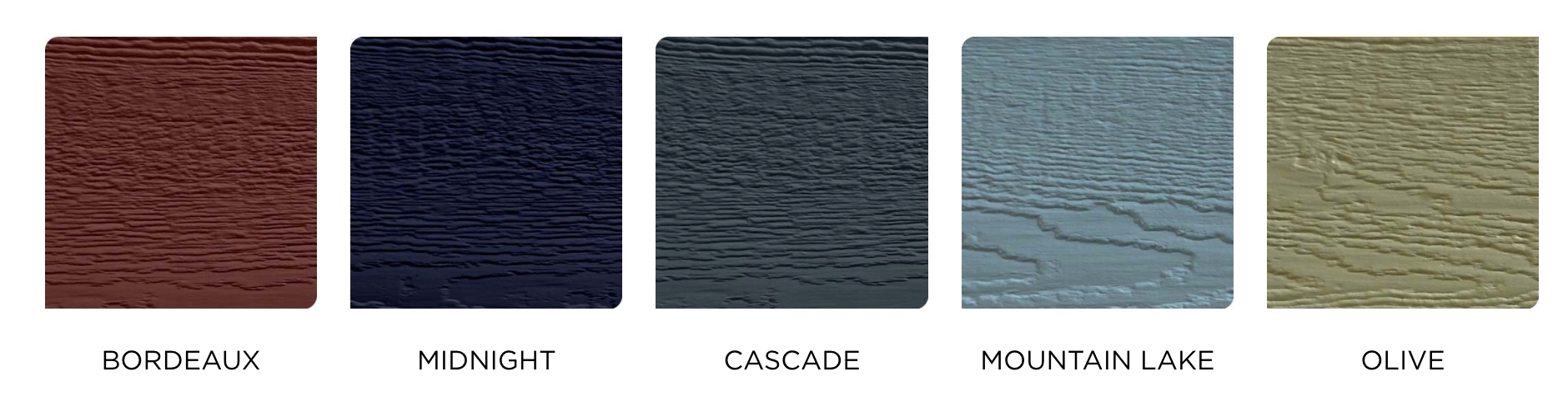 Color swatches of siding materials: Bordeaux, Midnight, Cascade, Mountain Lake, and Olive, showcasing options for home exterior enhancement.