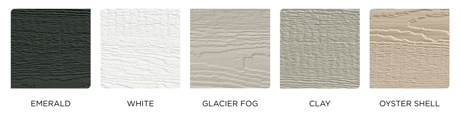 Color samples of siding materials including Emerald, White, Glacier Fog, Clay, and Oyster Shell, showcasing options for home exterior upgrades in Central Iowa.