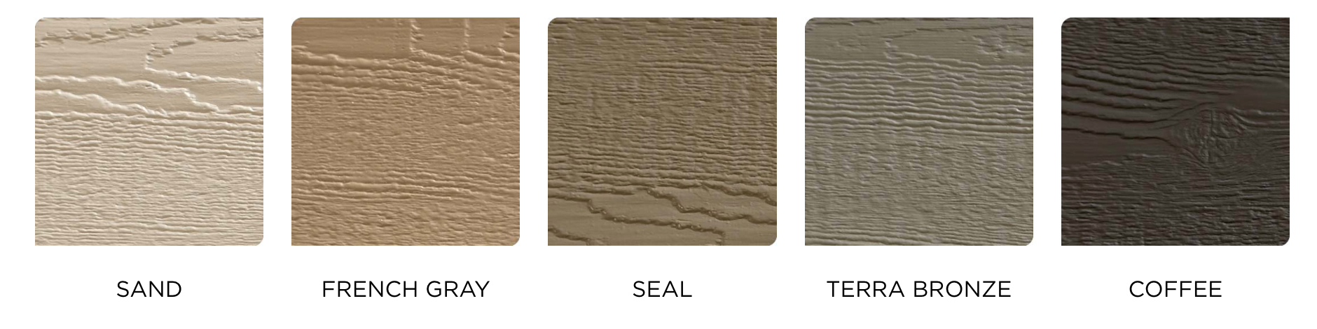 Color samples of siding materials including Sand, French Gray, Seal, Terra Bronze, and Coffee, showcasing texture and finish options for home exterior enhancement.