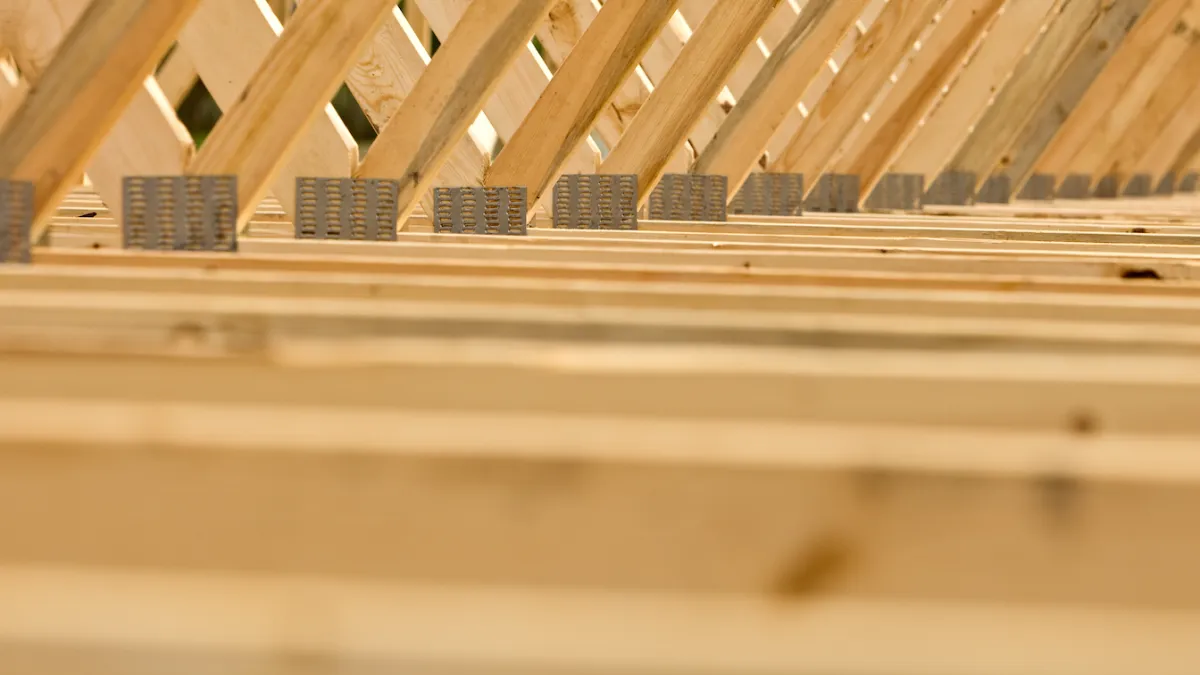 Wooden roof trusses with metal connectors, showcasing structural framework for attic insulation and ventilation installation.