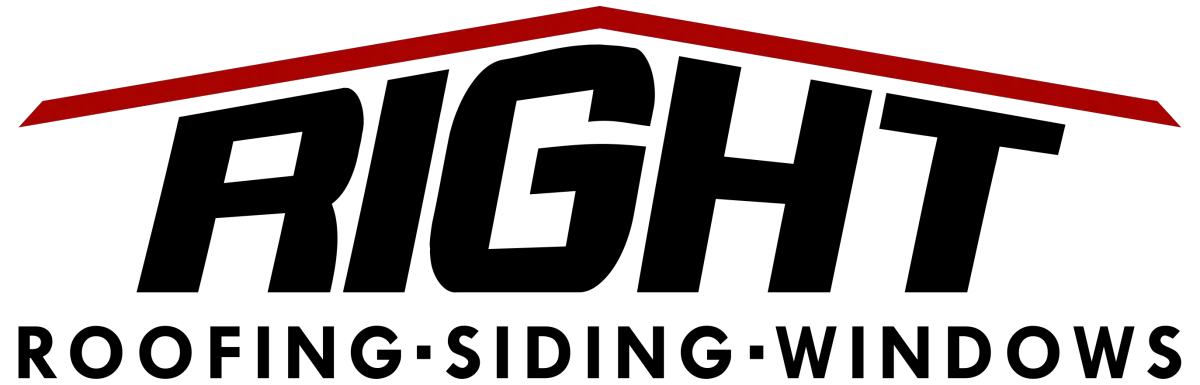Right Roofing logo featuring a red roofline silhouette, representing roofing services for residential and commercial properties in Iowa.