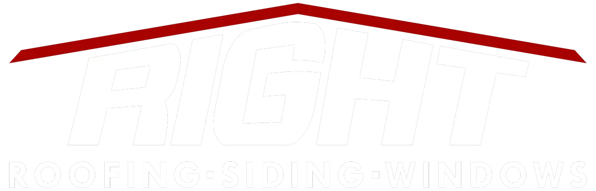 Right Roofing logo featuring bold text with "RIGHT" in white and "ROOFING-SIDING-WINDOWS" in gray, emphasizing roofing and home improvement services.