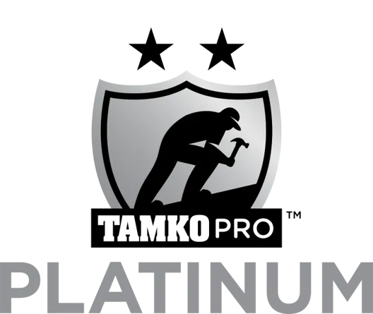 Tamko Pro Platinum logo featuring a silhouette of a roofer with a hammer, representing quality roofing services.
