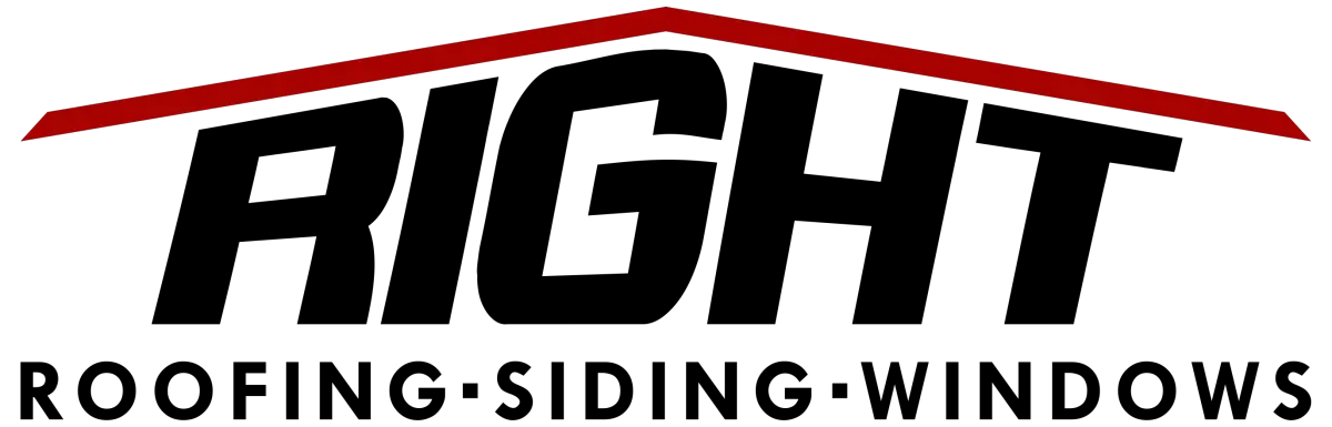 Right Roofing logo featuring a red roofline silhouette, representing roofing services for residential and commercial properties in Iowa.
