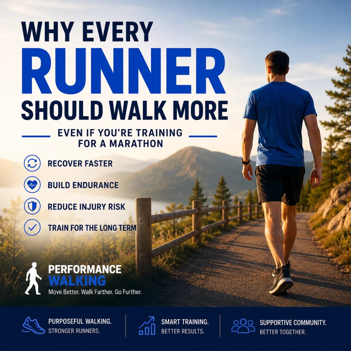 Runner performing a recovery walk on a scenic trail during endurance training.