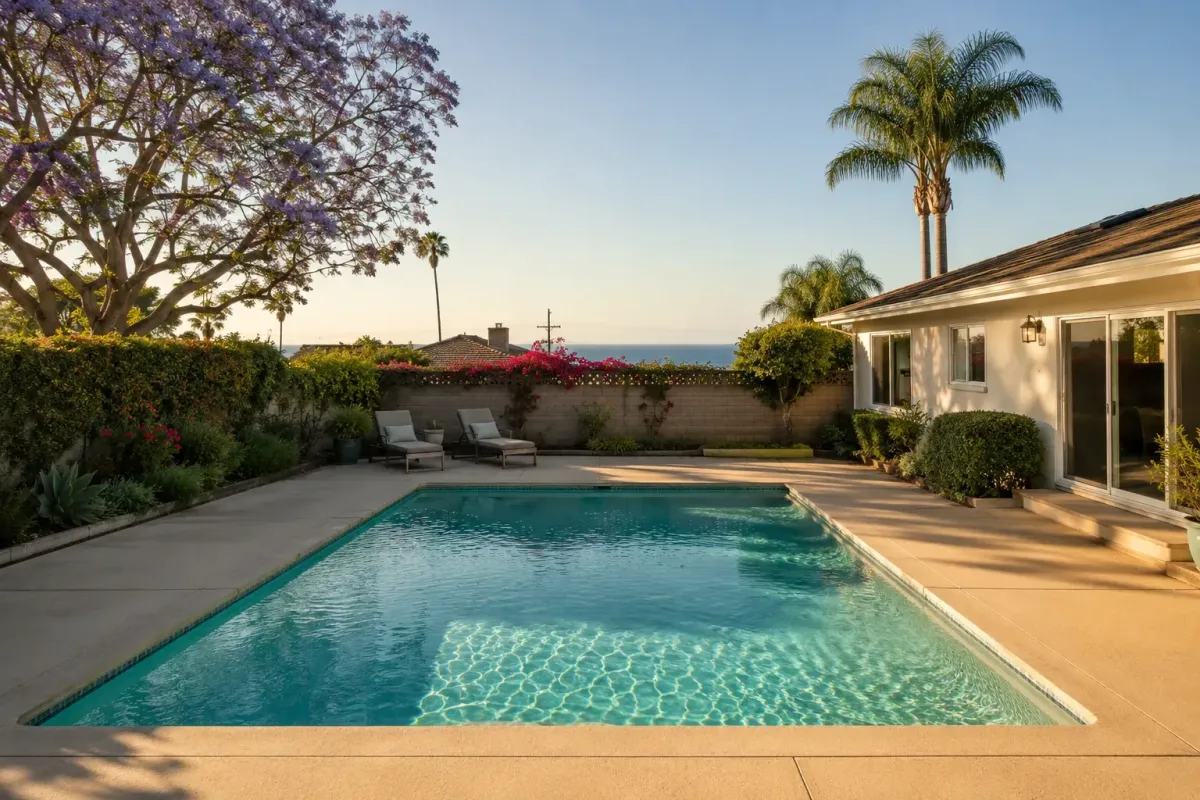 Clean residential swimming pool in a Hollywood Riviera backyard in Torrance CA at golden hour, year-round South Bay pool service by MD Pool Rescue