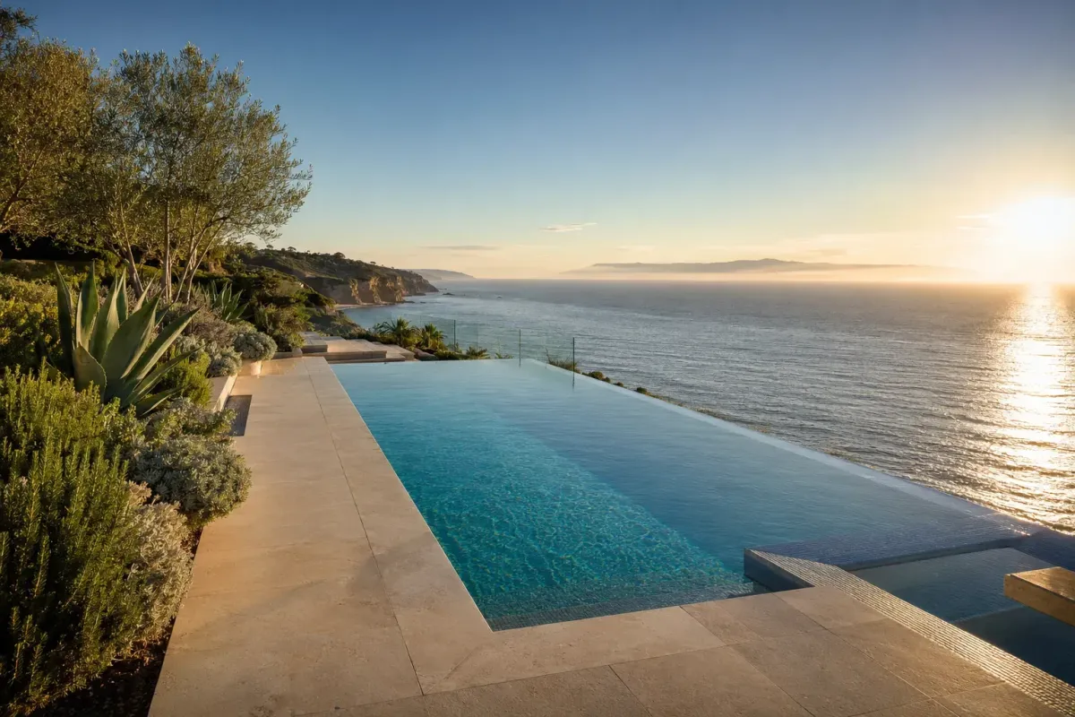 Clifftop residential infinity pool on the Palos Verdes Peninsula overlooking the Pacific Ocean at golden hour, South Bay coastal pool service by MD Pool Rescue