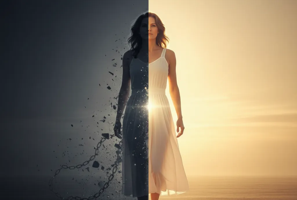 Woman stepping from shadow into golden light with broken chains behind her, symbolizing reclaiming identity and ending emotional invisibility.