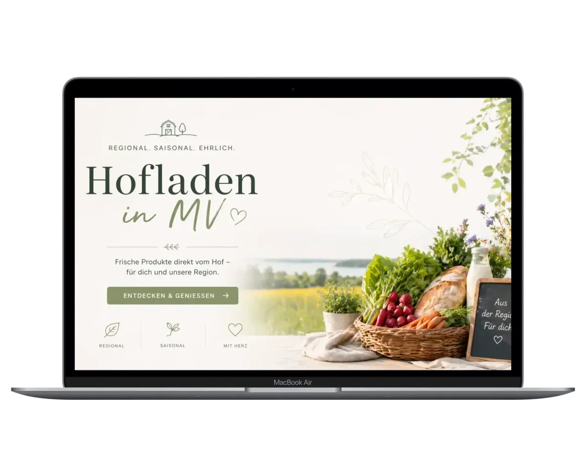 Website-Mockup für einen Hofladen in Mecklenburg-Vorpommern - klares freundliches Webdesign für Direktvermarkter