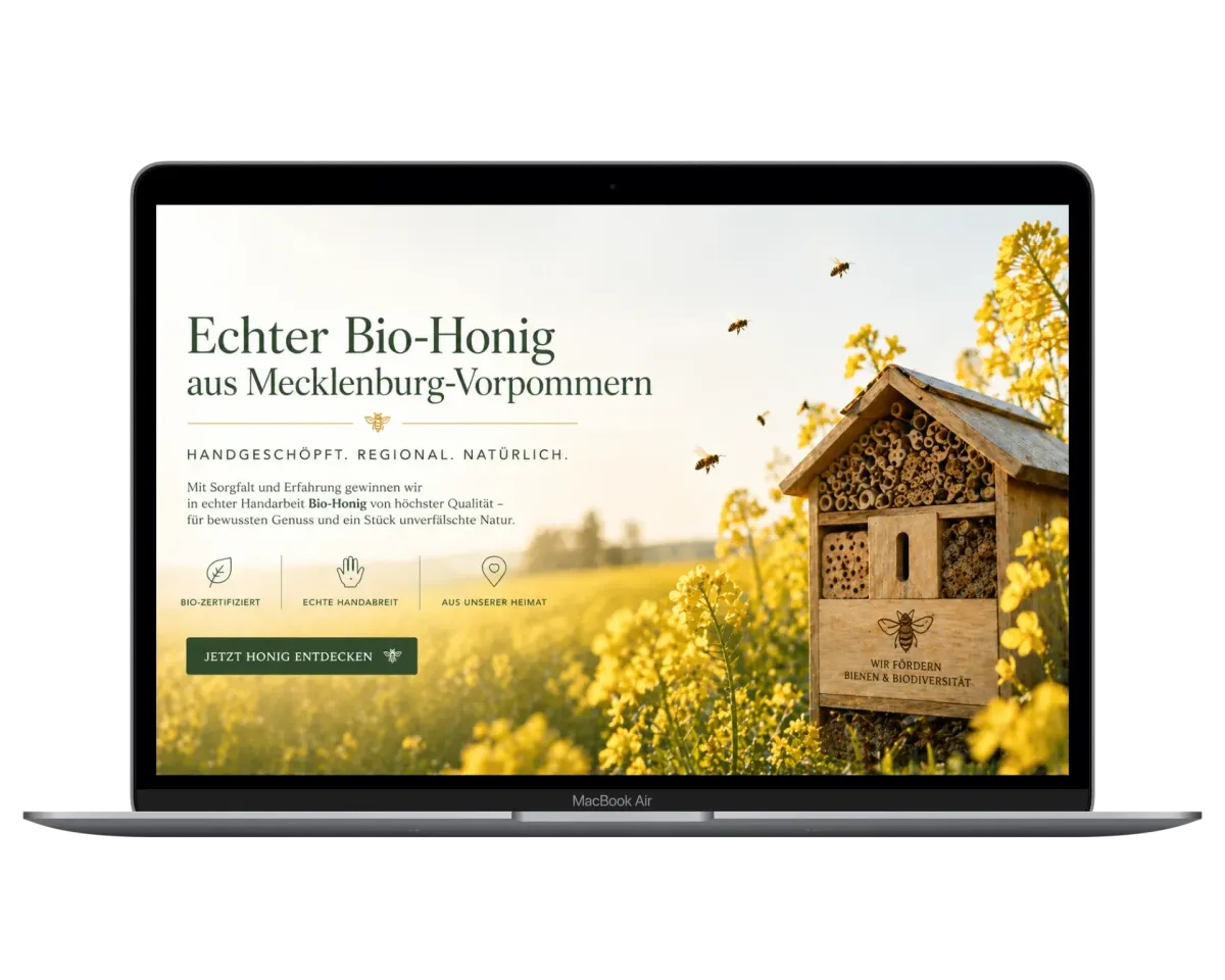 Website-Mockup für eine Imkerei in Mecklenburg-Vorpommern - warmes Webdesign für regionale Honig-Direktvermarkter