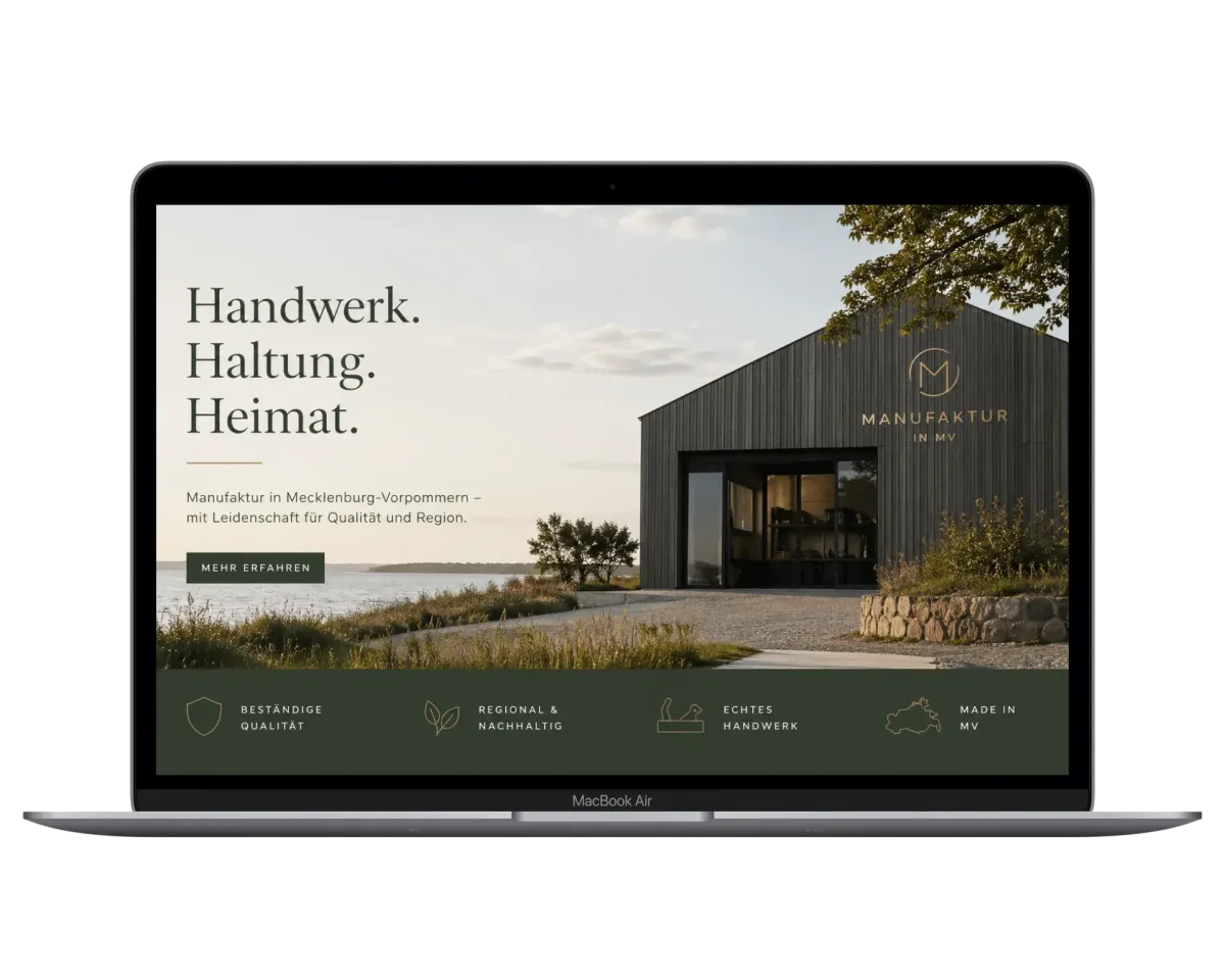Website-Mockup für eine Manufaktur in Mecklenburg-Vorpommern - reduziertes Webdesign mit Fokus auf das Produkt
