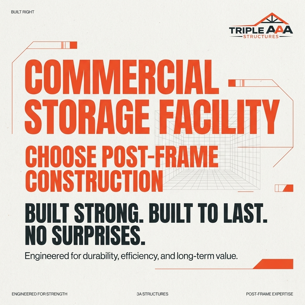 A row of newly constructed post-frame commercial storage units with clean metal siding and roll-up doors.