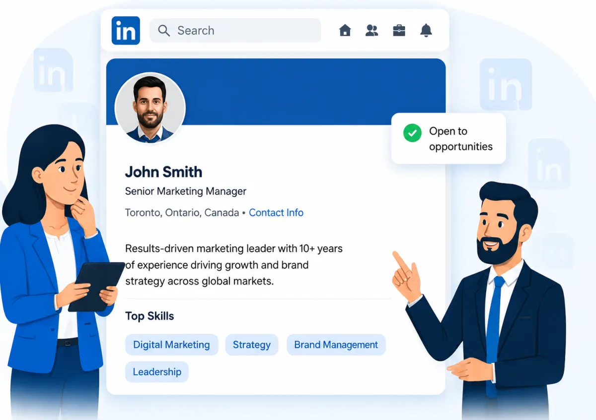 LinkedIn profile mockup and characters
